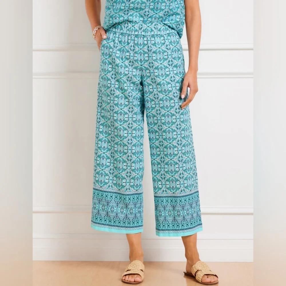 Talbots Nantucket Linen Blend Pull On Wide Leg Crop Pant Womens 2X Blue Green